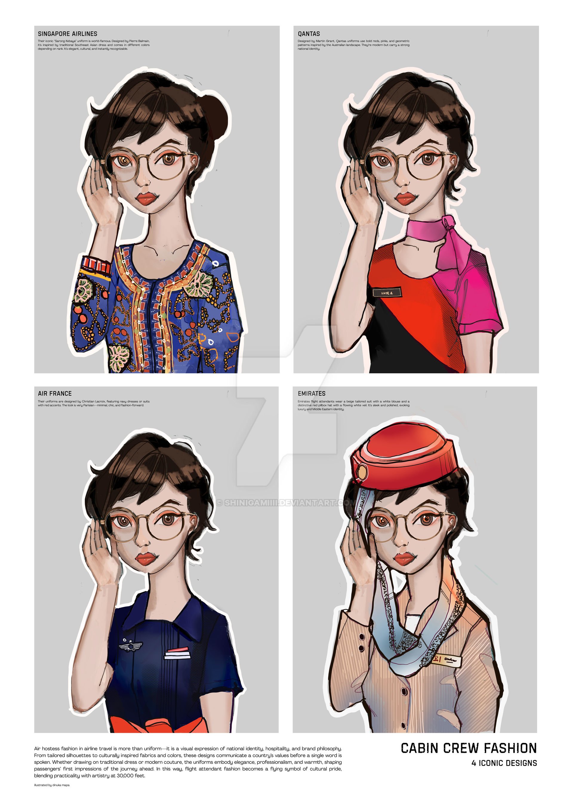 Illustrations of four flight attendants, each representing different airlines, in distinctive uniforms with accessories, against a gray background, with descriptive text about airline fashion and cultural identity.