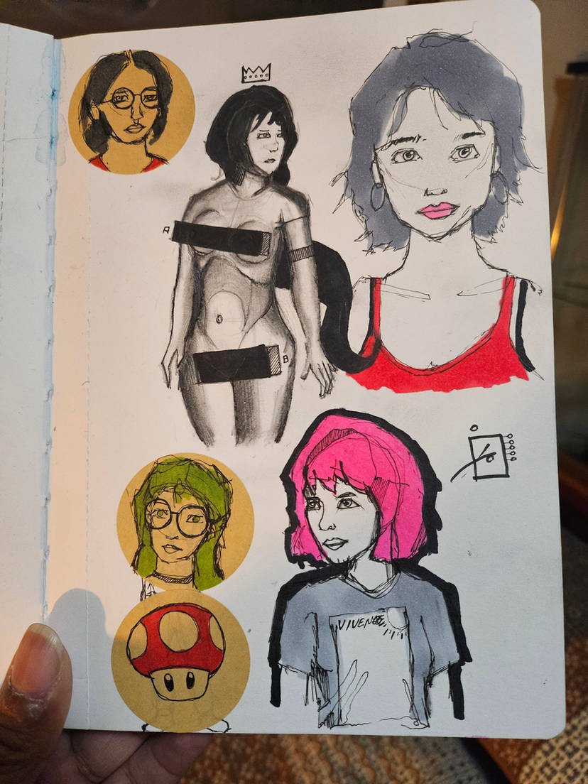 A collage of various sketches and illustrations of women, including a black and white photograph of a nude woman with black patches covering her breasts and pelvis, cartoon portraits of women with different hairstyles and accessories, a mushroom illustration, and some doodles.