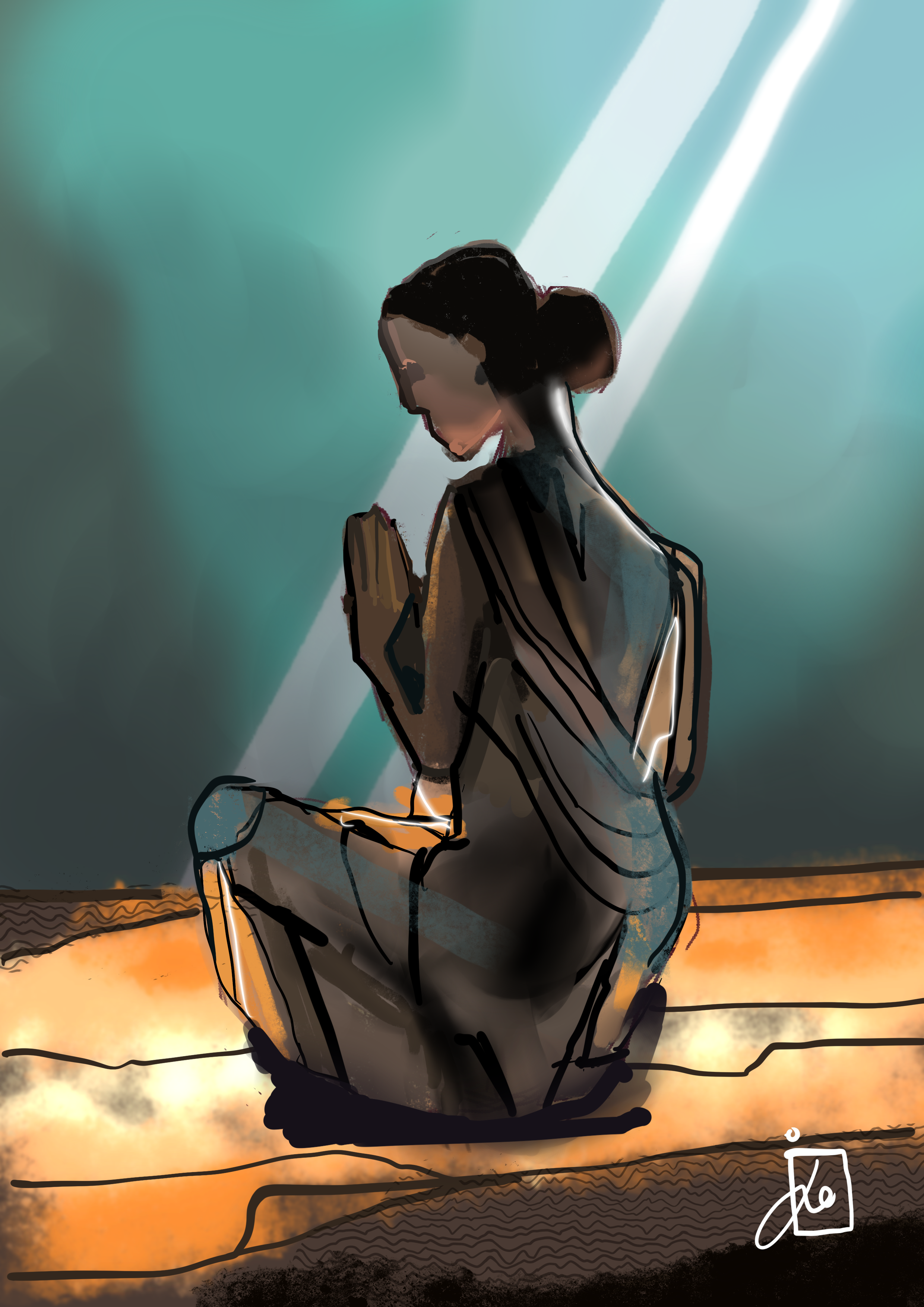 Stylized digital illustration of a seated dark-skinned person with braided hair and crossed arms, illuminated by bright diagonal beams against a teal and orange background.