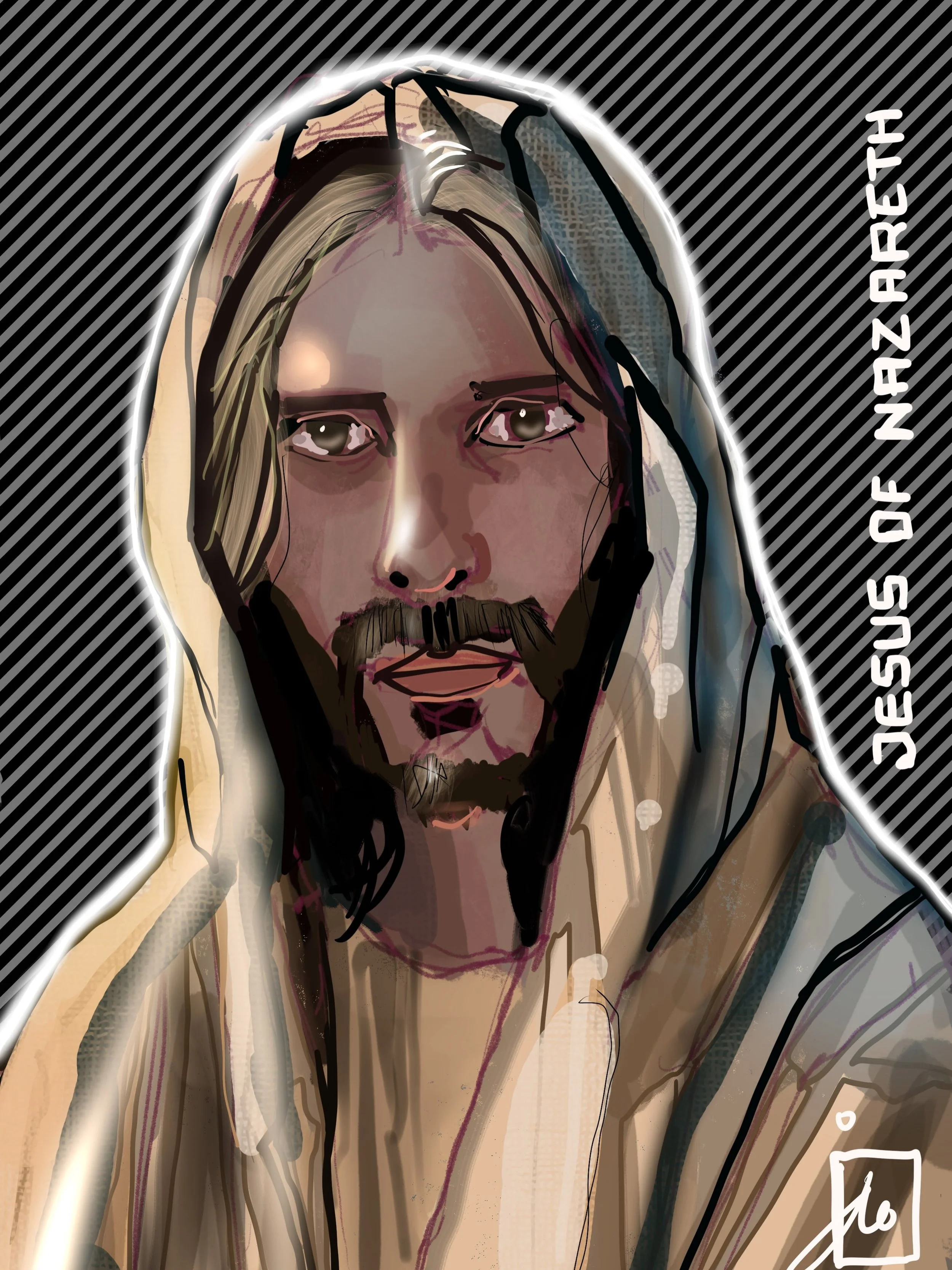 Stylized digital portrait of a bearded man with long hair inside a glowing oval, set against black-and-gray diagonal stripes with vertical text.