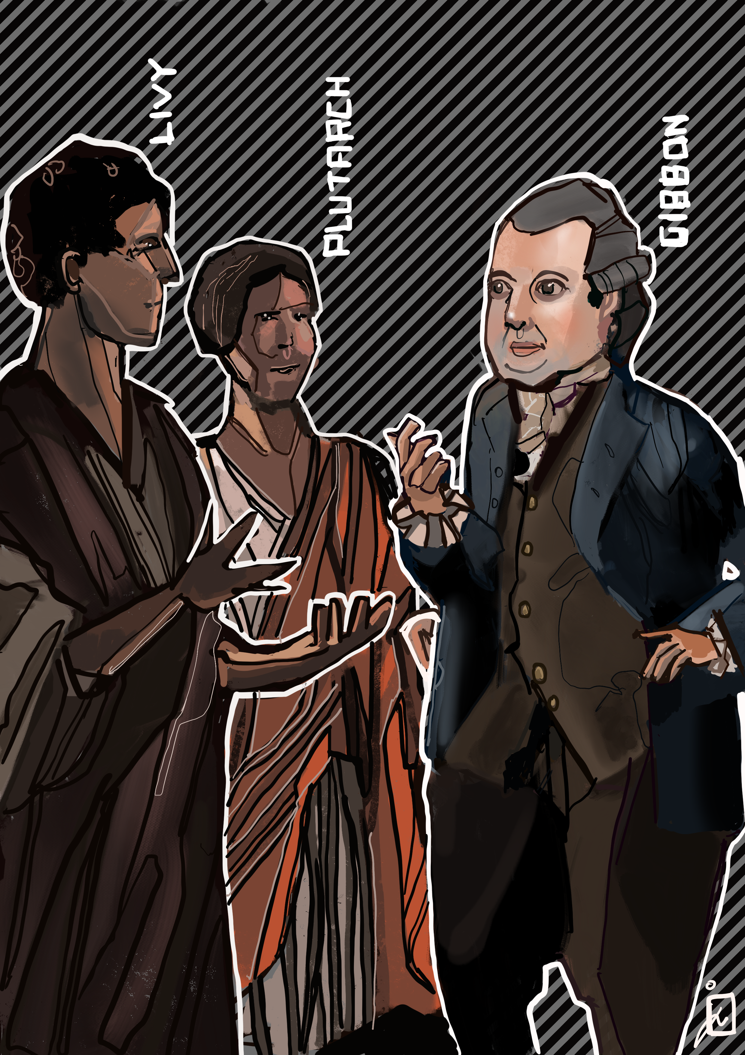 Stylized illustration of three people in historical clothing against a black-and-gray striped background, labeled Cleopatra, Newton, and Darwin.