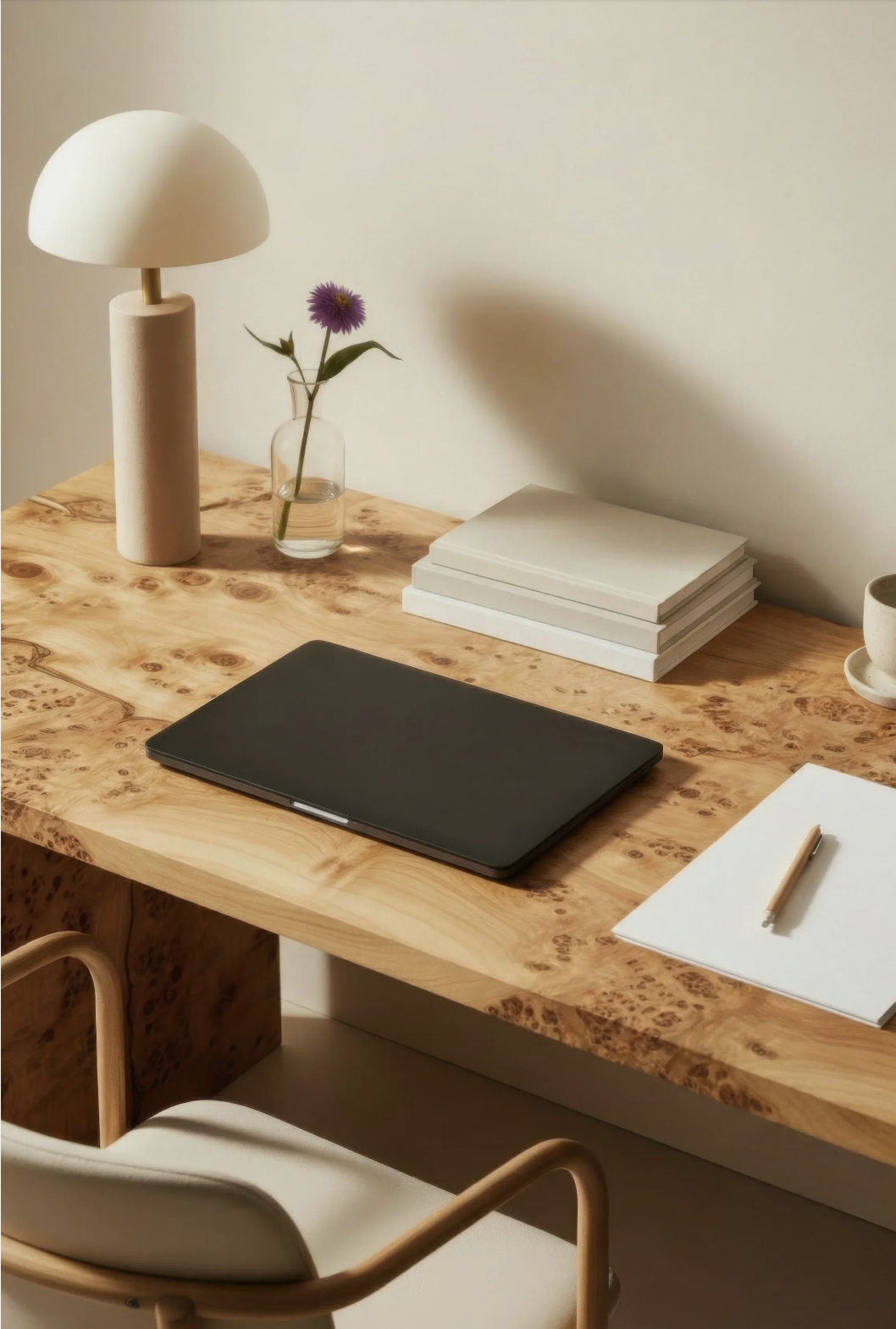 A softly lit desk with books and a lamp