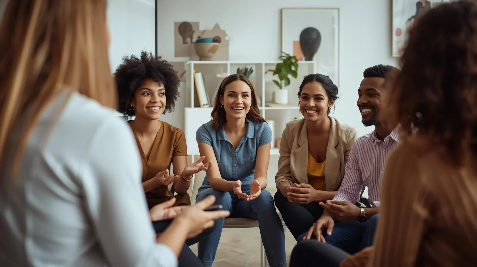 Group of diverse young adults smiling and talking in a casual setting.