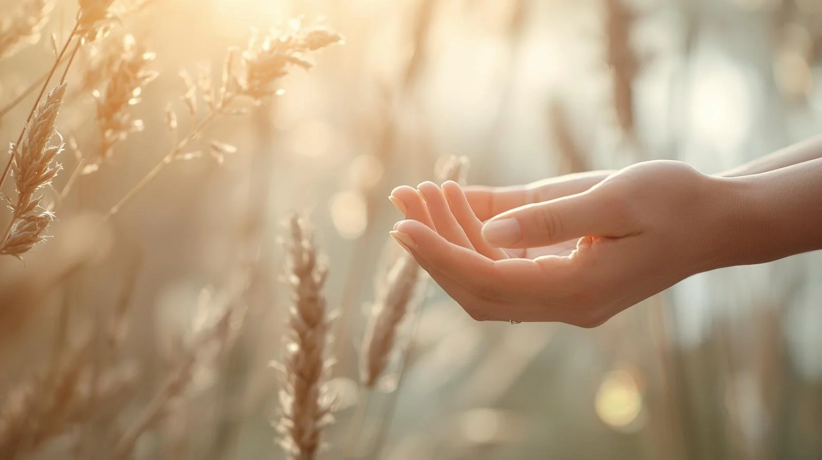 A person's hand is gently touching tall dry grass in a field with warm sunlight, feeling the resonance of peace and happiness.