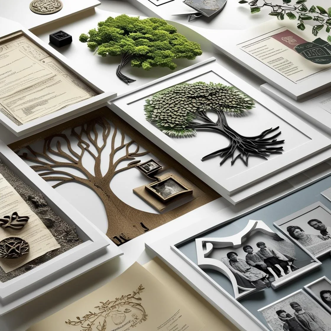 Arrangement of framed family trees, photographs, documents, and plants on a white surface.