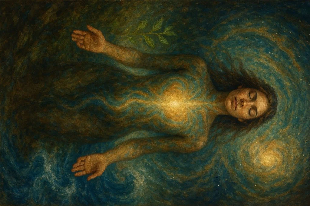 A painting of a woman with long dark hair and closed eyes, partially submerged in swirling blue and gold colors, with her arms raised and a green leaf in her hand, representing a cosmic or spiritual scene.