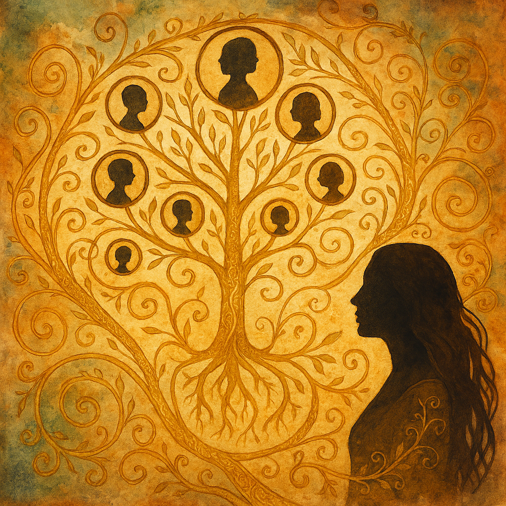 Silhouette of a woman with a tree of life behind her, featuring branches with circular frames containing silhouettes of people.