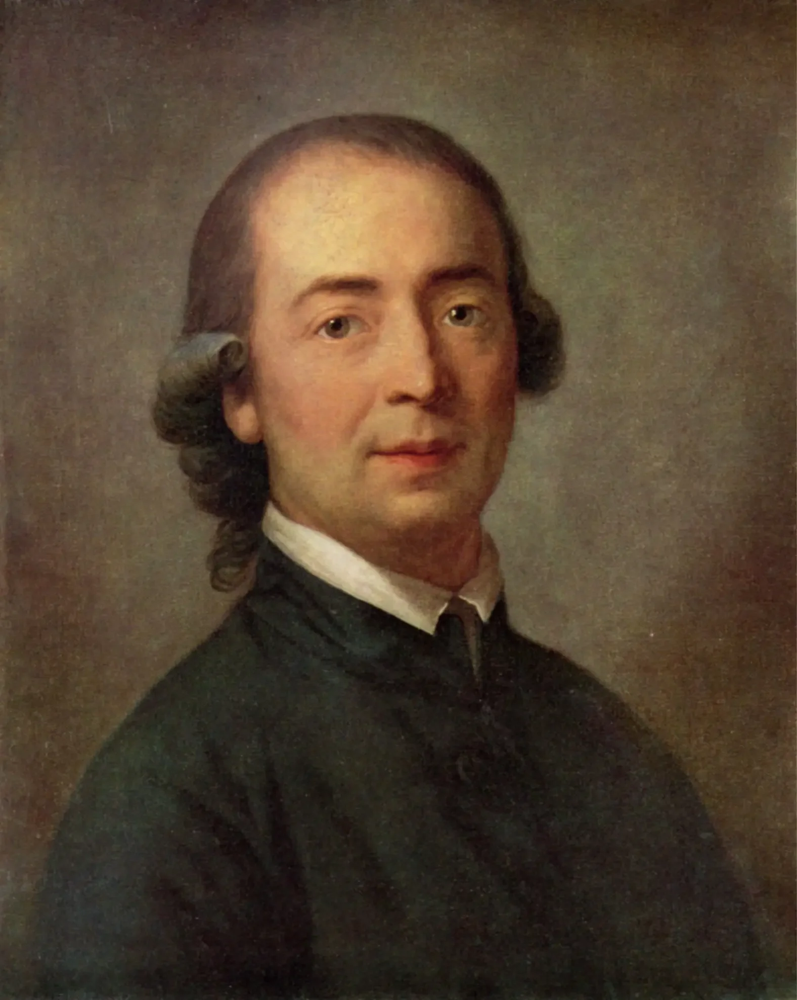 Portrait of a Johann Gottfried Herder with dark hair styled in ringlets, wearing a black coat and white shirt, against a plain background.