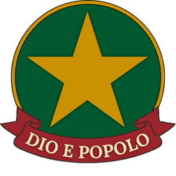 A circular emblem with a gold star in the center, green background, and a red banner at the bottom with the words 'DIO E POPOLO' in white