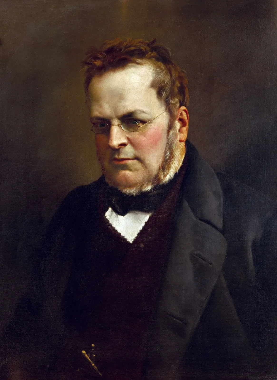 Painting of a Count Cavour with glasses, reddish hair, and sideburns, dressed in 19th-century clothing.