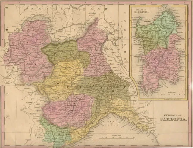 Historical map of the Kingdom of Sardinia, showing regions in different colors, with an inset map of the island of Sardinia in the top right corner.