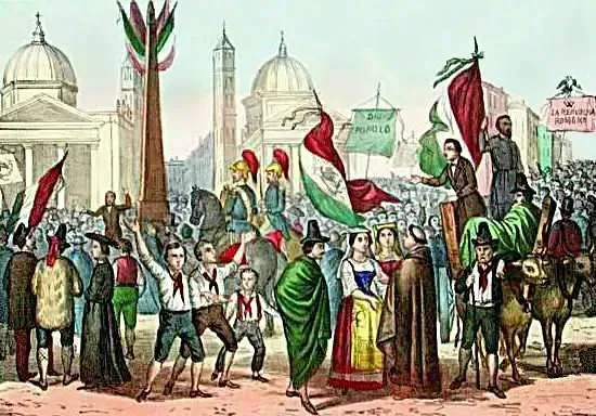 Historical scene of a group of people, some in traditional clothing, gathered in an urban setting with iconic architecture, flags, and banners. Some individuals are holding flags and signs, and there are camels and riders present.