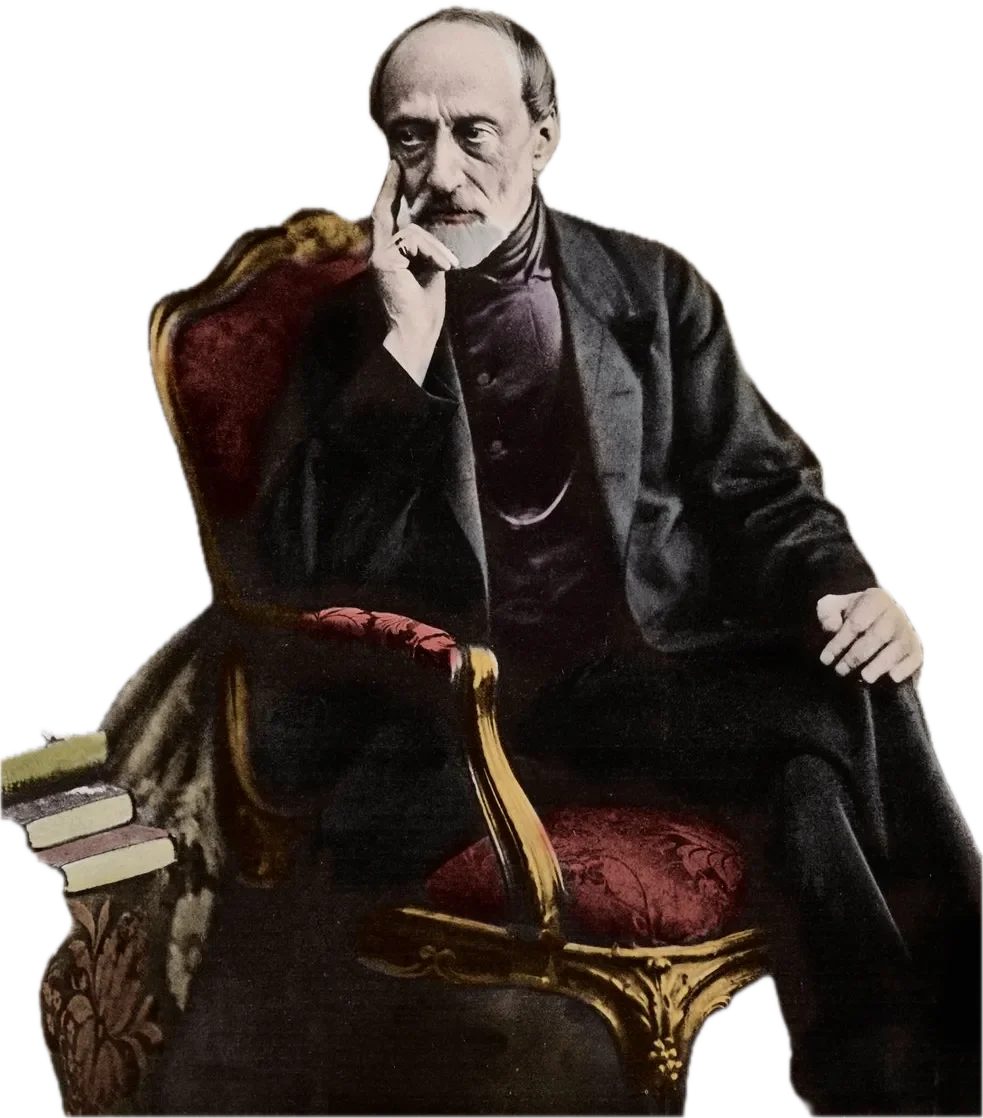 A black and white cutout of Giuseppe Mazzini with a beard and mustache, dressed in 19th-century clothing, sitting on an ornate red and gold chair, with one hand resting on his chin and the other on his knee.