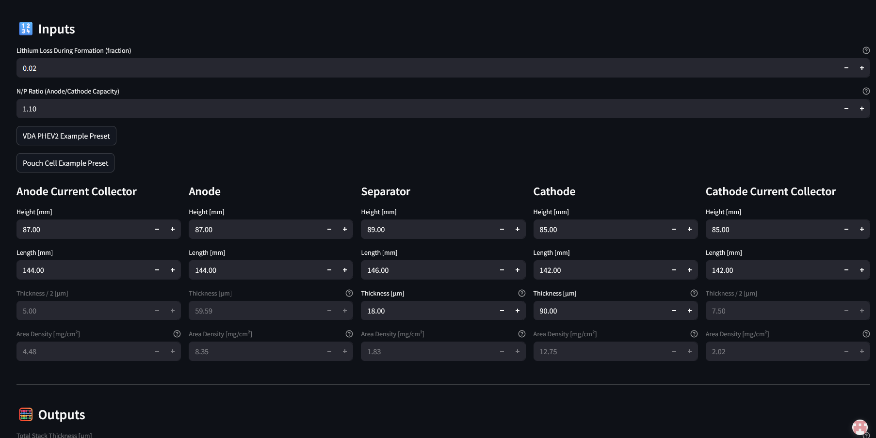 UnityVolt Solutions lithium ion battery cell design tool. Design your own electrodes, separator, electrolyte, current collectors, and cell packaging. Ouputs cell capacity, energy, and bill of materials.