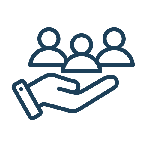 Outline of a hand holding three people icons.