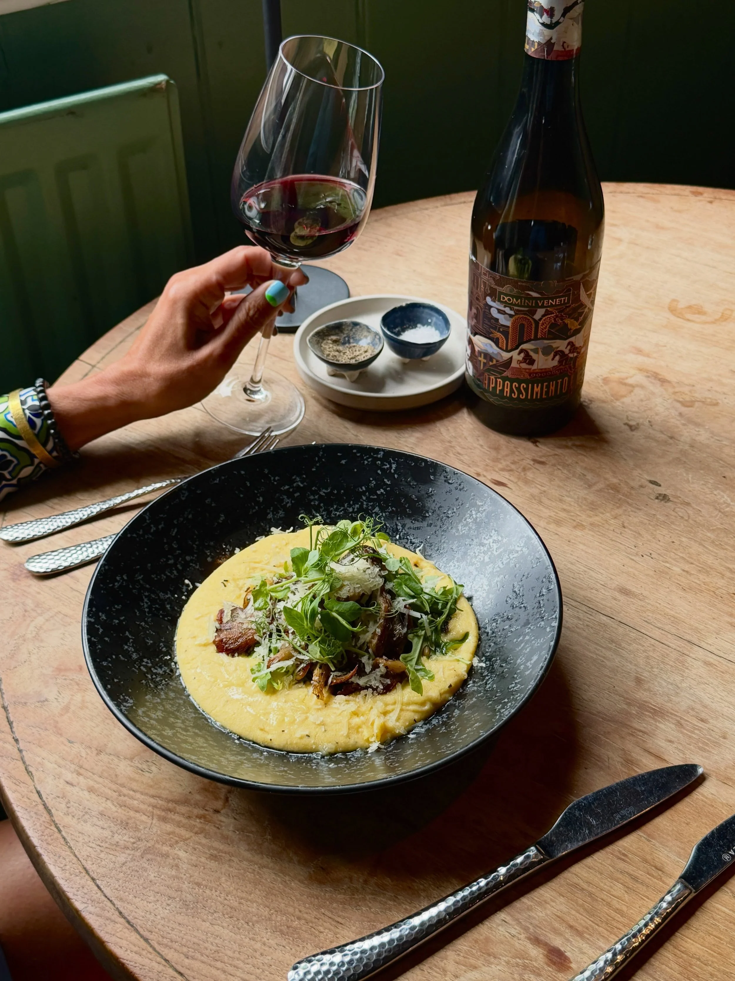 Those beautiful wild oysters mushrooms, picked yesterday are on today&rsquo;s set lunch menu. Simply saut&eacute;ed and served on a bed of creamy truffle polenta, rocket and Parmesan. Simple and simply delicious.  Washed down with our favourite red, 