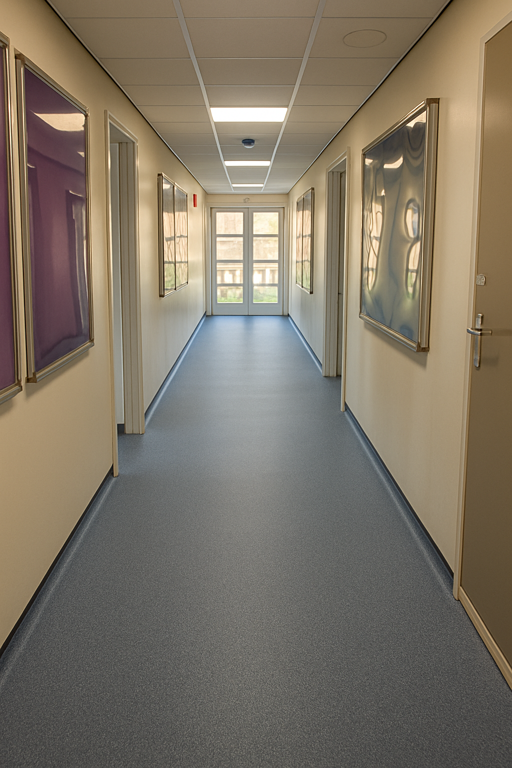 Empty hallway with beige walls, framed artwork, blue carpet, and glass doors at the end, letting in natural light.
