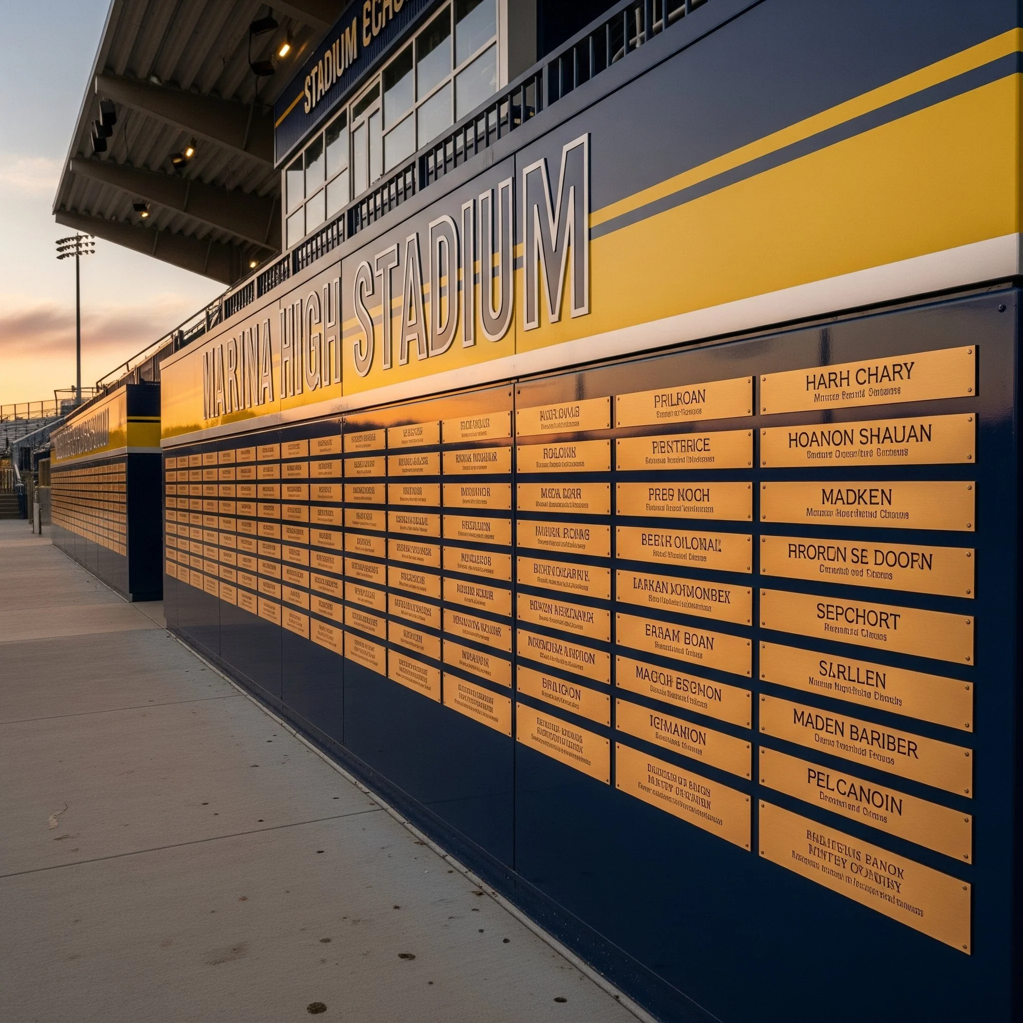 Memorial wall at Marine High Stadium with yellow nameplates listing names of individuals, outside stadium at sunset.