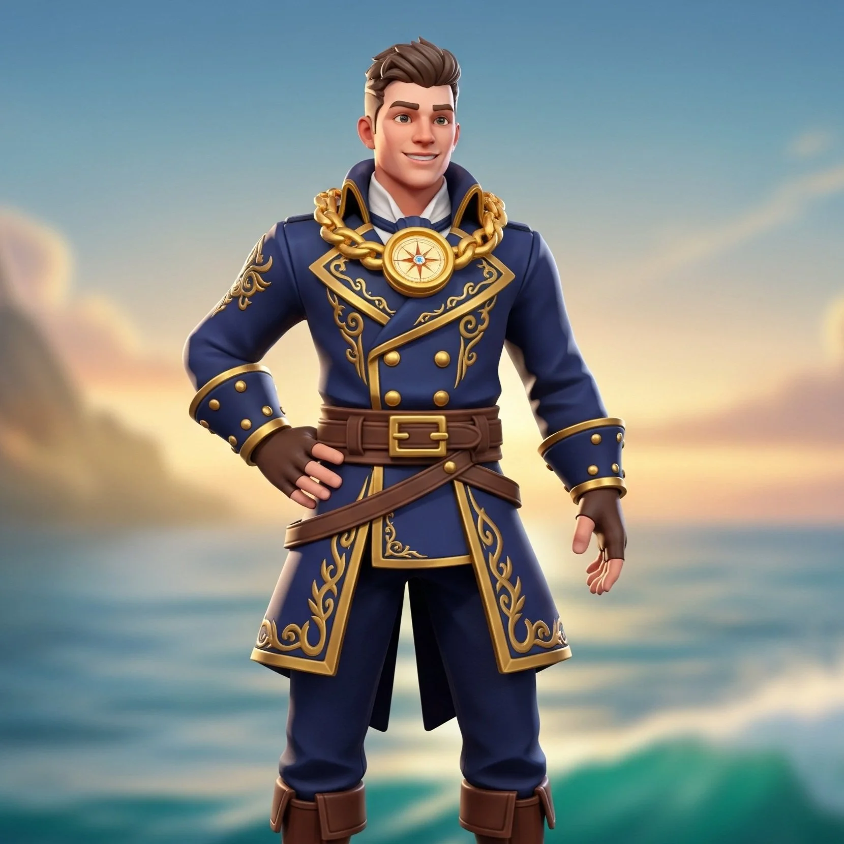Animated male character dressed as a pirate captain with gold and blue coat, gold chain necklace with a compass pendant, standing confidently against an ocean and sky background.