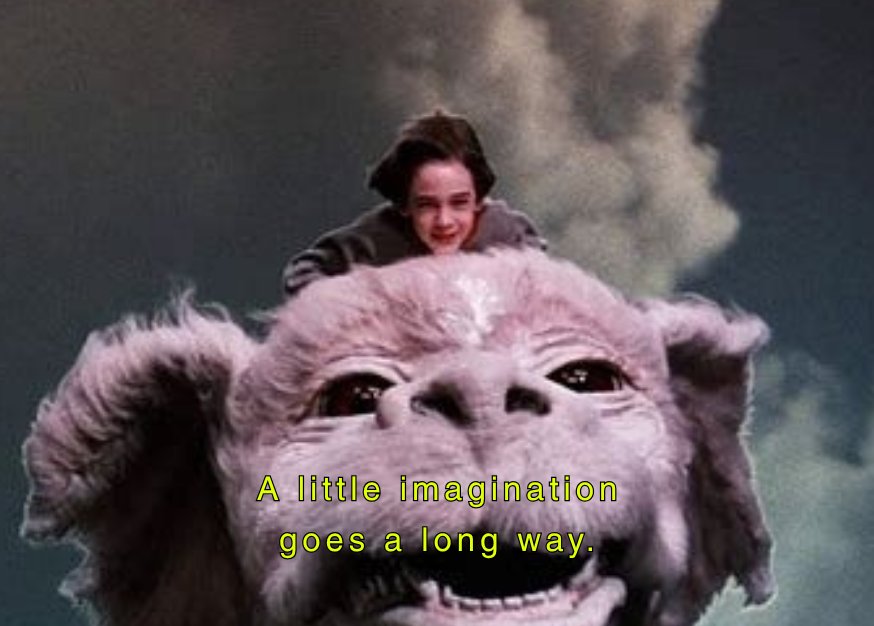 A person riding on the back of a mythical creature with a dog-like face and large ears, with clouds in the background. There is text that says, 'A little imagination goes a long way.'