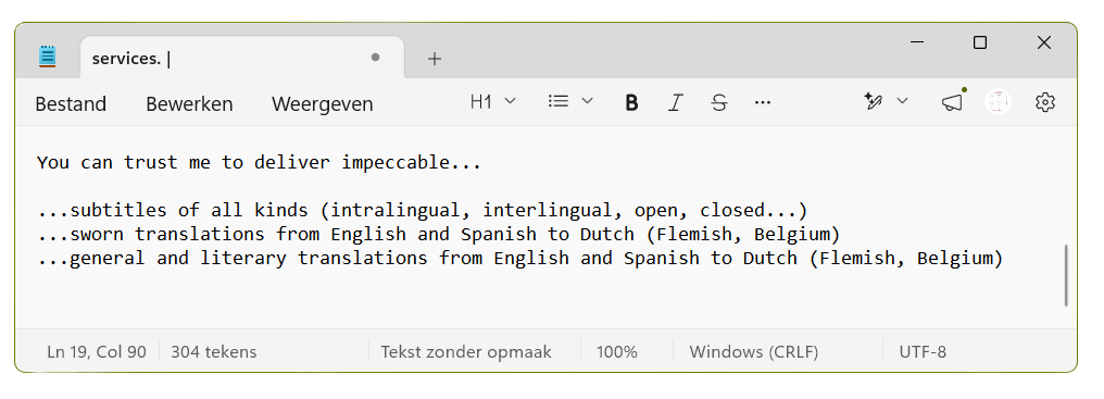 Screenshot of a text document listing translation services, including subtitles, sworn translations, and general literary translations from English and Spanish to Dutch, with a focus on Flemish, which is Dutch spoken in Belgium.