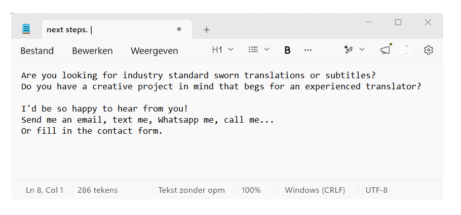 Screenshot of a text editor with a document titled 'next steps.' The text discusses translation services, including standard sworn translations and subtitles, and invites the reader to contact via email, WhatsApp, call, or contact form.