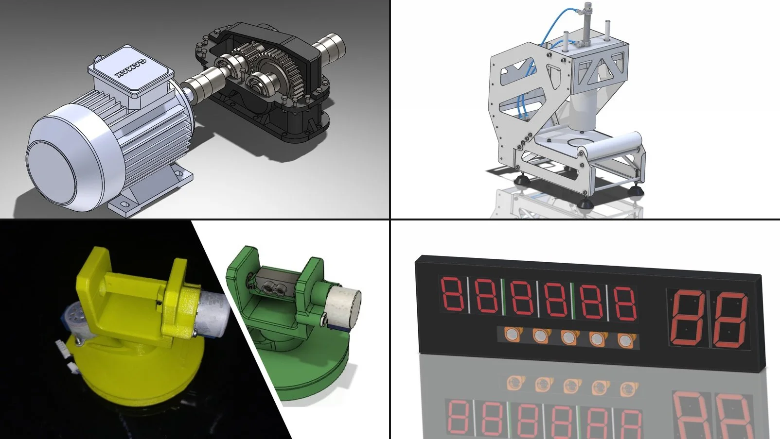 Collage of four images showing mechanical and electronic devices. Top left is a motor with gears and shaft assembly. Top right is a robotic frame with pistons and wires. Bottom left shows a yellow robotic arm with a motor. Bottom center is a green device with a cylindrical component. Bottom right is an electronic display panel with red and green LED digits and buttons.
