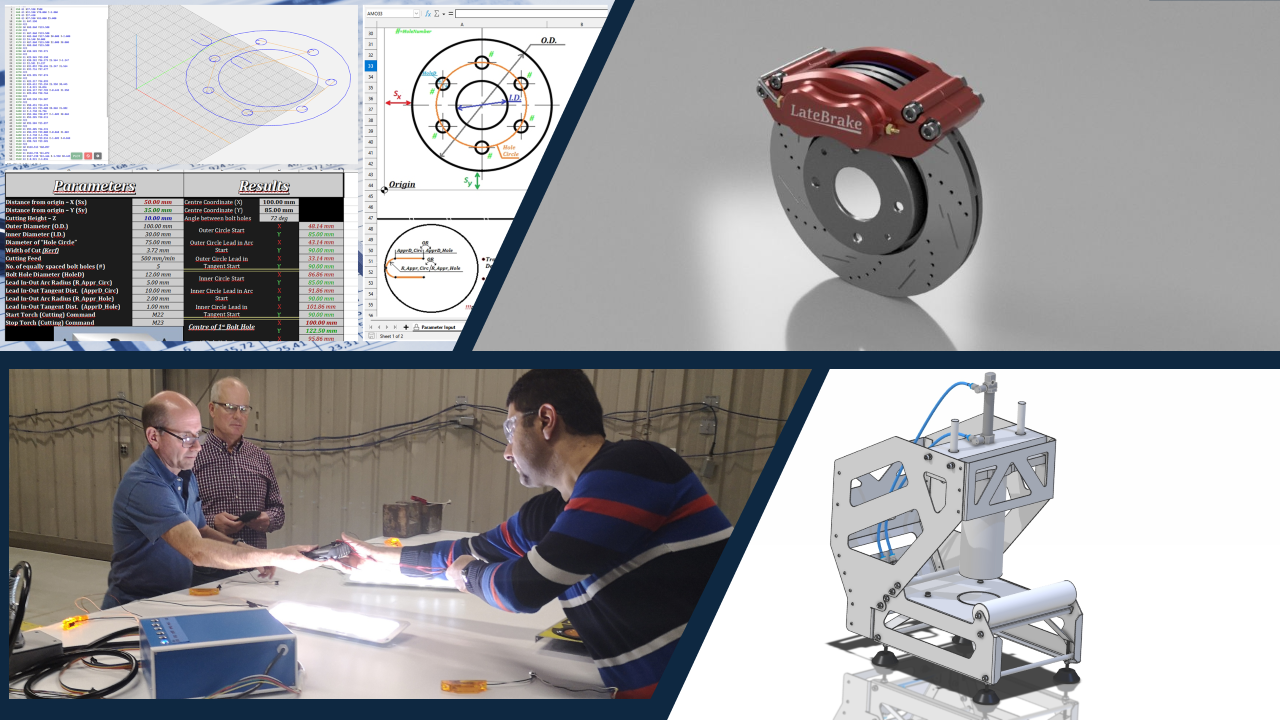 Collage of engineering and manufacturing scenes: computer-aided design (CAD) drawings and results, a mechanical brake disc, three people in a lab testing a component, and a robotic or mechanical system.