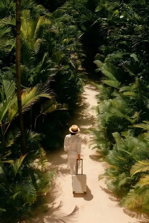 Person wearing a hat and white outfit walking down a sandy jungle path with a suitcase.