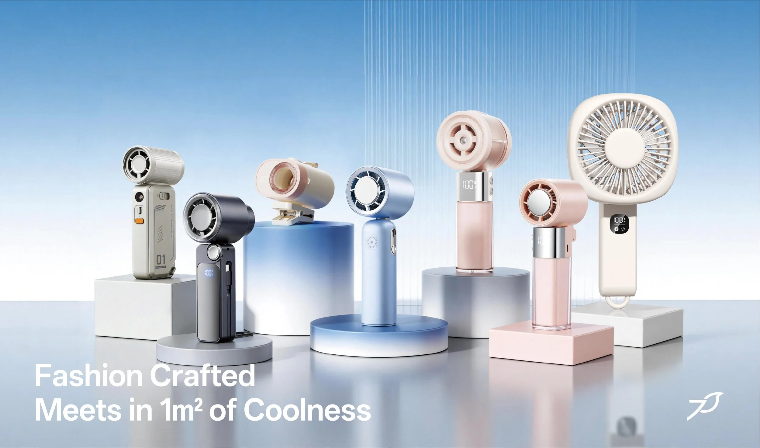 A display of multiple compact personal fans in pastel colors on light-colored pedestals with a modern, minimal background. The fans are in shades of white, gray, blue, and pink, and vary in size and design. Text on the image reads 'Fashion Crafted Meets in 1m² of Coolness' in white font, with a small logo in the lower right corner.