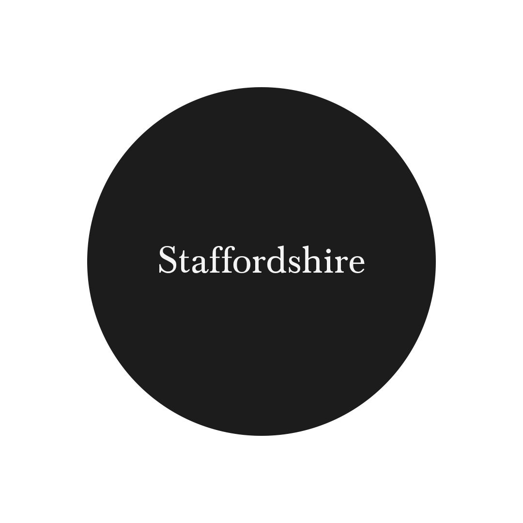 Black circle with the word Staffordshire inside it