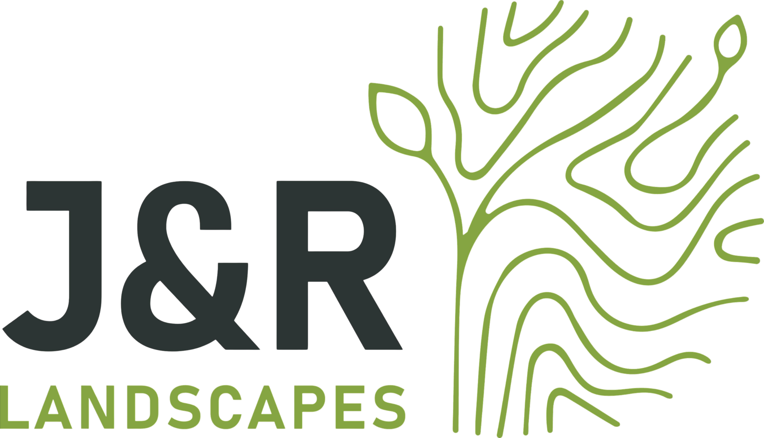 Logo of J&R Landscapes with a stylized green tree outline to the right of the text.