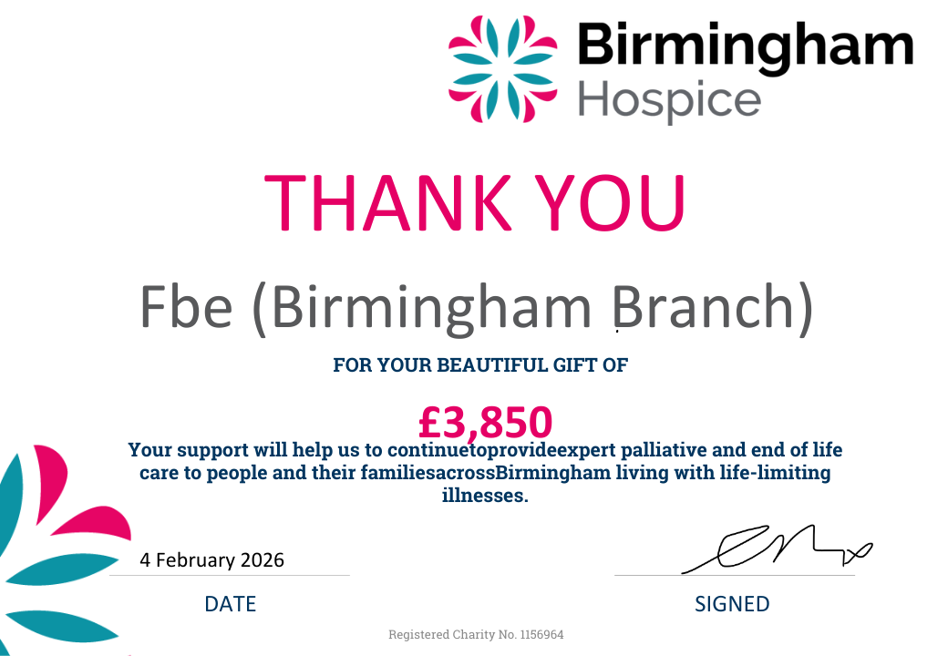 Birmingham Hospice Donation Certificate to FBE