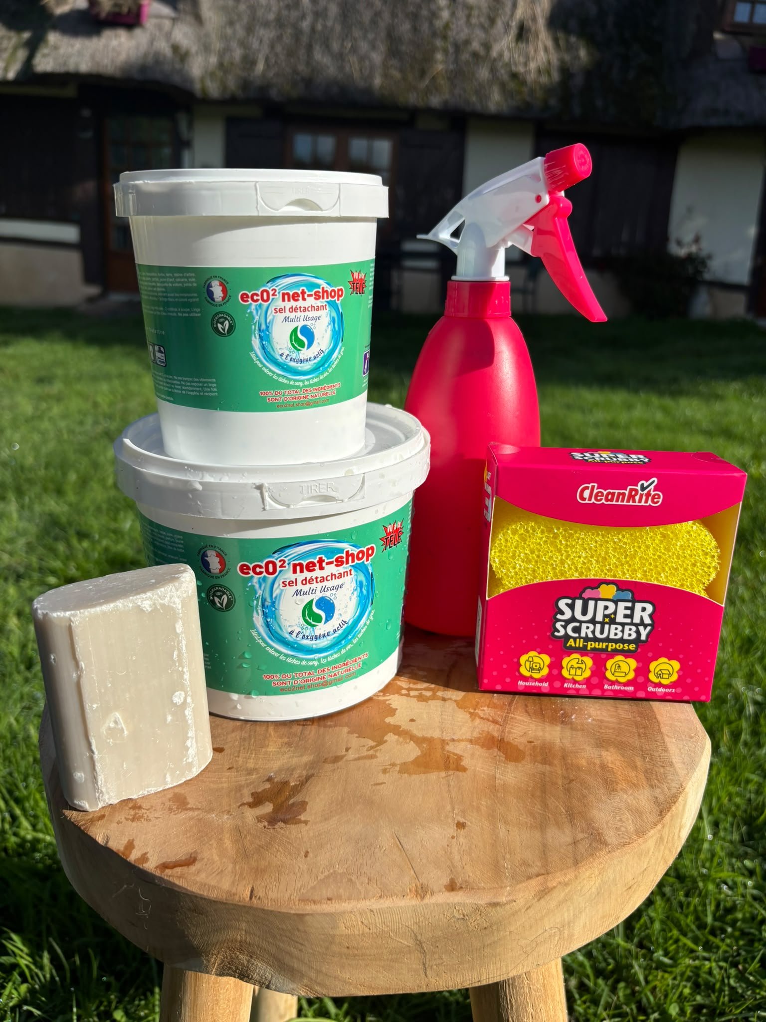 Eco2net-shop : Package complet 1 kg de sel détachant + 1 pot de 500 g de sel détachant+ 1 éponge + 1 vaporisateur + 1 savon détachant