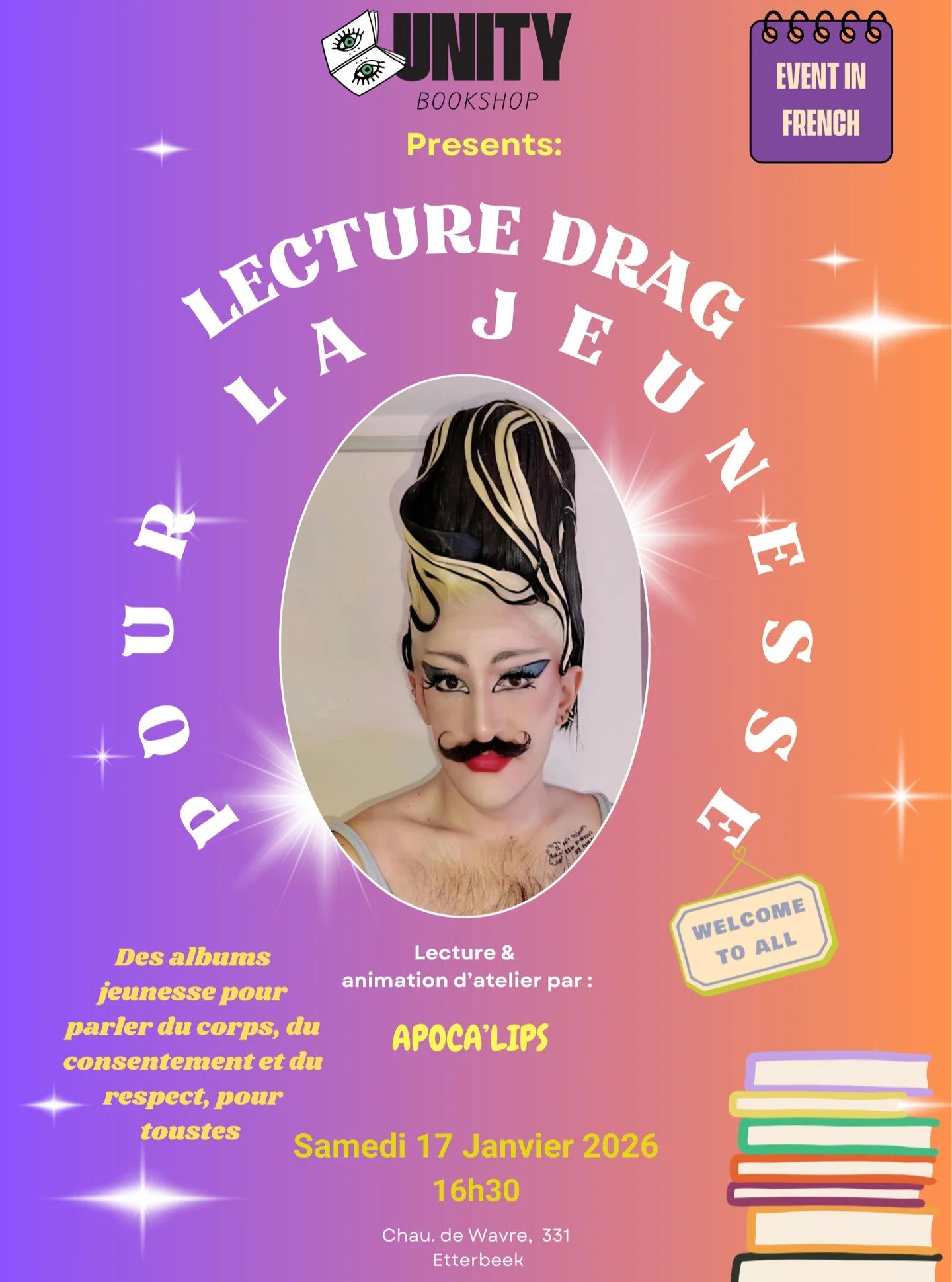 {FR} ✨ Lecture Drag en famille avec @apocalips_drag ✨ 

Un moment d&eacute;di&eacute; &agrave; la litt&eacute;rature jeunesse, pour les petit&middot;es et les grand&middot;es
(jeune public conseill&eacute; &agrave; partir de 3 ans).

Des albums pour 
