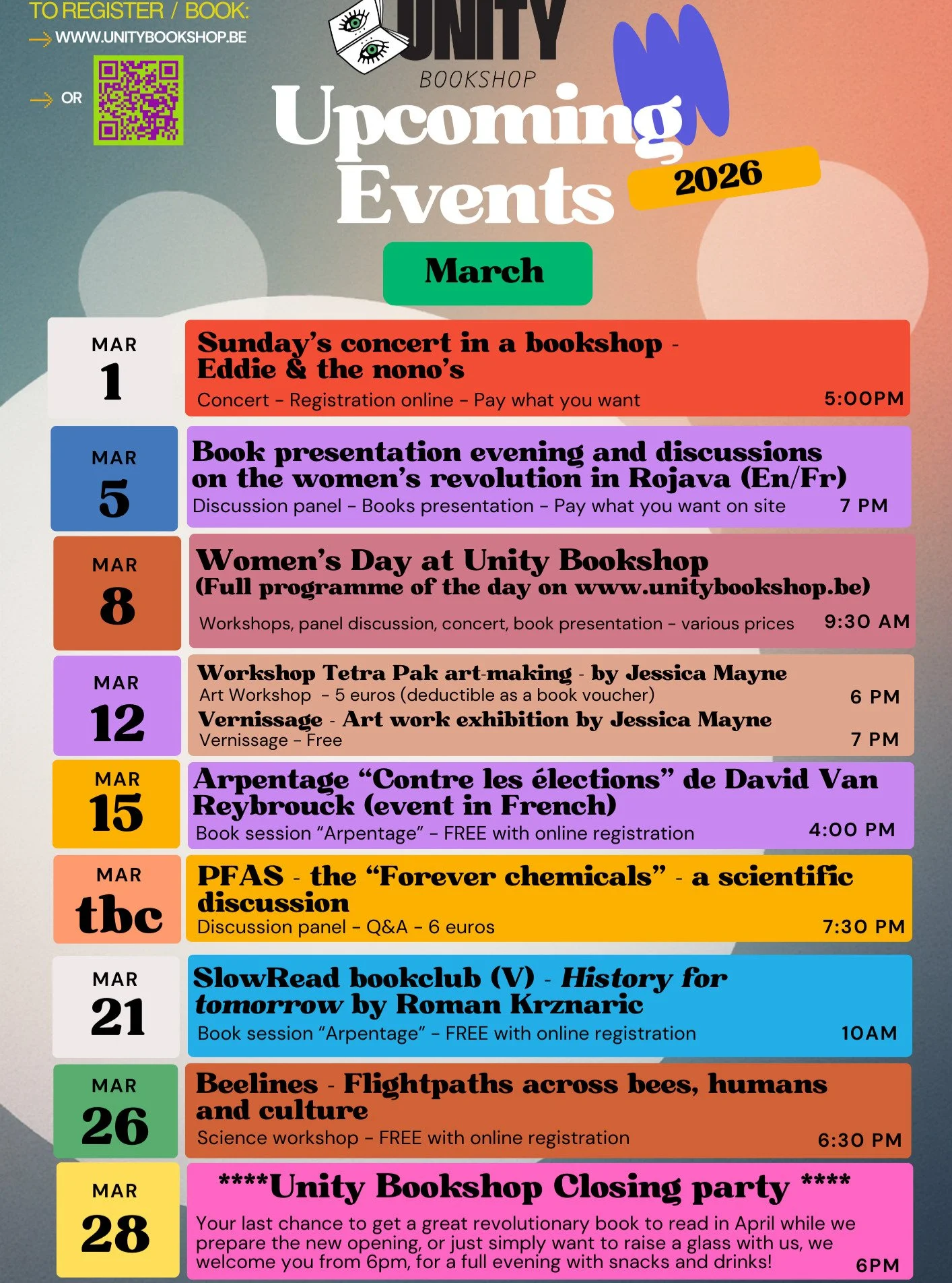 March! Here we go for the last programme of @unitybookshop.brussels at @laubergeespagnole.bxl - have you noticed our closing party? Coming?

This last month before moving to Ixelles is also a way for us to experience new models, new perspectives, on 