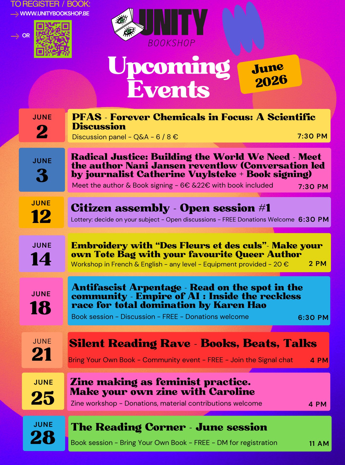 June's programme is here! 
We are implementing some new (radical?) projects, ready to be part of it? 

Reminder - if you want to create your own community event, workshop, book session at Unity bookshop, don't hesitate to send an email to aurore@unit