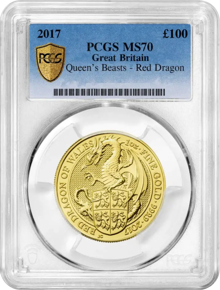 Gold coin graded MS by PCGS, featuring a red dragon and shield design, in a protective case with a label indicating it is from Great Britain, Queen's Beasts series, dated 2017.