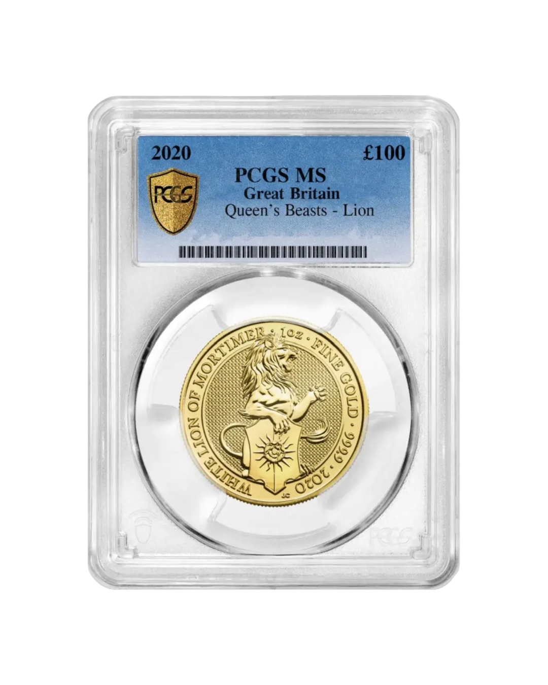 Gold coin depicting a lion from Queen's Beasts with inscriptions, encased in a protective plastic holder, graded PCGS MS by Great Britain.