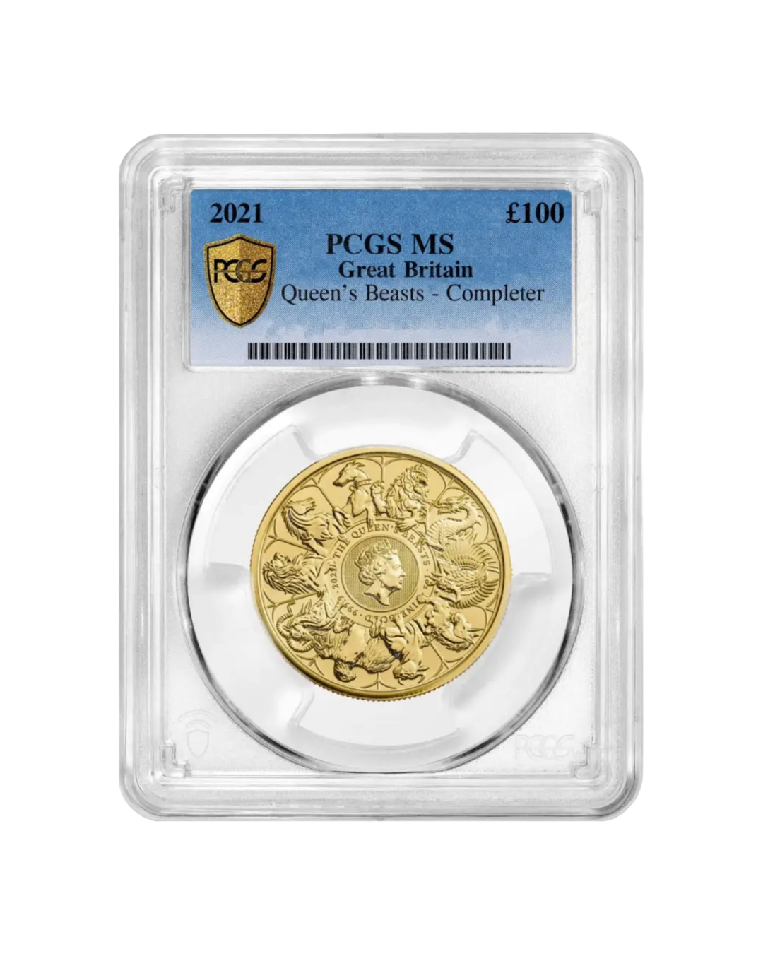 Gold Queen's Beasts coin encased in protective slab with blue label, graded MS by PCGS, issued in Great Britain in 2021, valued at £100.