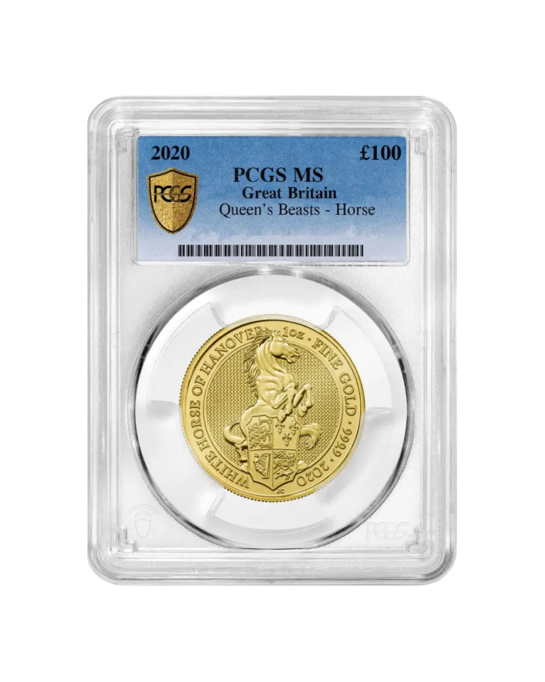 Gold coin featuring a horse rearing on its hind legs, with an ornate shield and text around it, encased in a plastic holder labeled 'Queen's Beasts - Horse' and graded MS by PCGS.