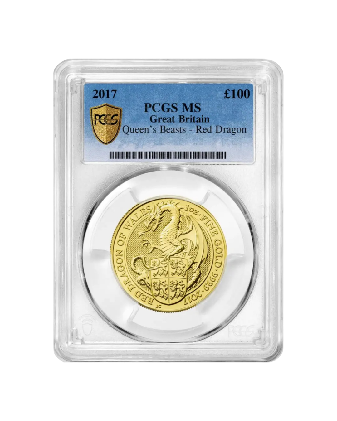 Gold coin graded MS by PCGS, featuring a red dragon and shield design, in a protective case with a label indicating it is from Great Britain, Queen's Beasts series, dated 2017.
