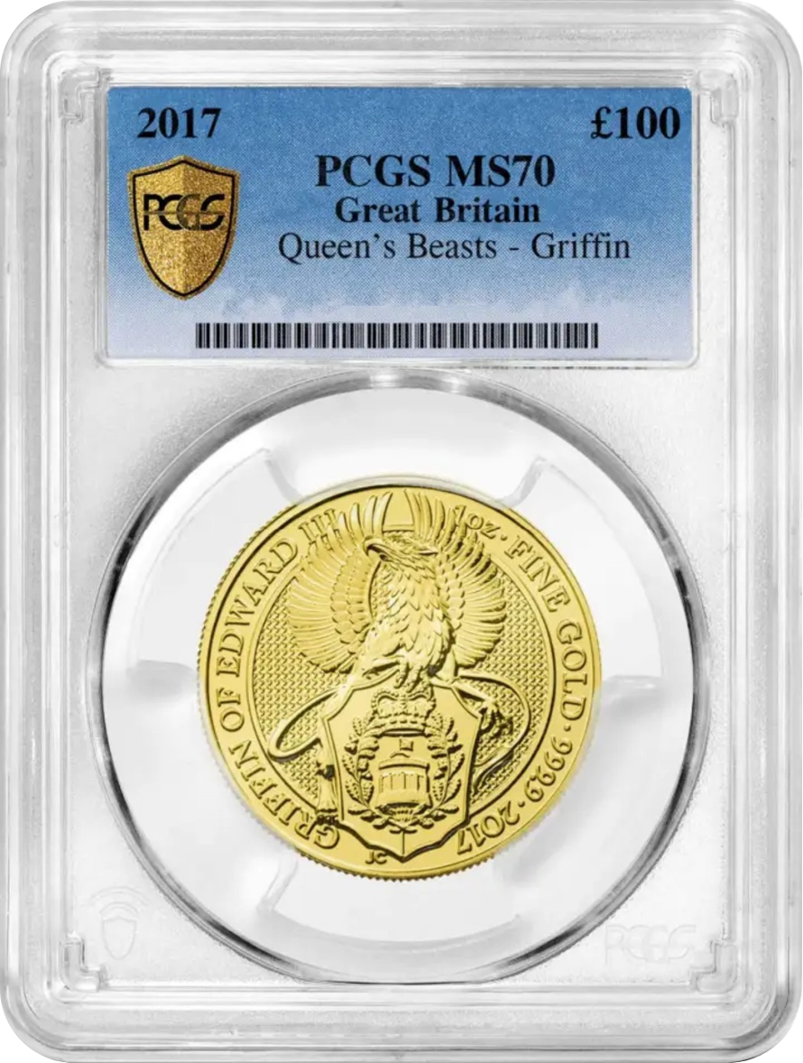 Gold coin with a griffin inside a protective plastic case, graded MS by PCGS, from Queen's Beasts series, Great Britain, dated 2017, valued at £100.