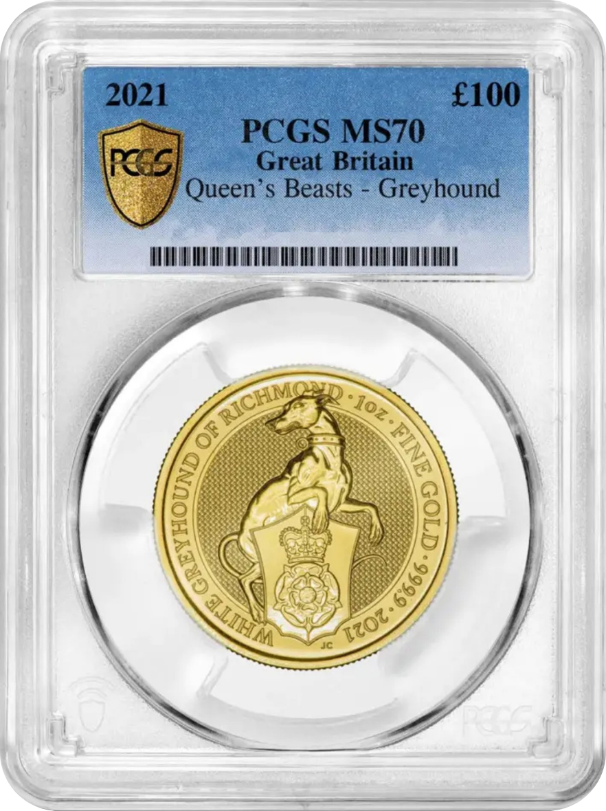 Gold coin featuring a greyhound dog, inscribed with 'Greyhound of Richmond,' '1 oz,' and '2025,' encased in a protective plastic holder.