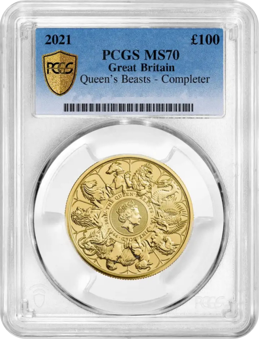 Gold Queen's Beasts coin encased in protective slab with blue label, graded MS by PCGS, issued in Great Britain in 2021, valued at £100.