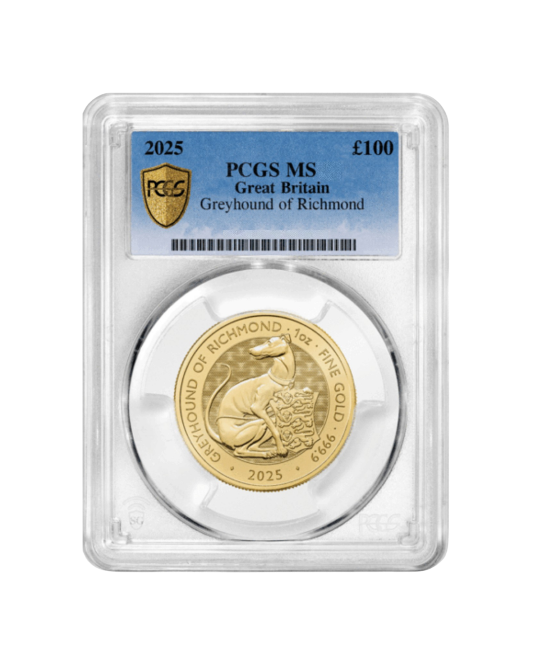 Gold coin featuring a greyhound dog, inscribed with 'Greyhound of Richmond,' '1 oz,' and '2025,' encased in a protective plastic holder.