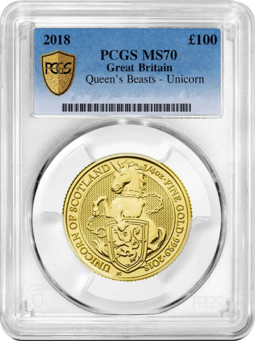 Gold coin featuring a unicorn, shield, and lion, encased in a protective slab with a label indicating it is a 2018 Queen's Beasts - Unicorn, graded MS by PCGS, valued at 100 pounds.