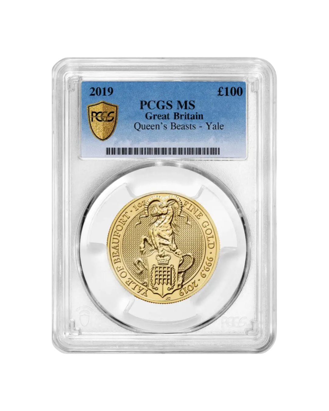 A gold coin encapsulated in a plastic holder with a blue label on top indicating grade MS, issued in 2019 by PCGS, worth 100 pounds, from Great Britain, Queen's Beasts - Yale series.