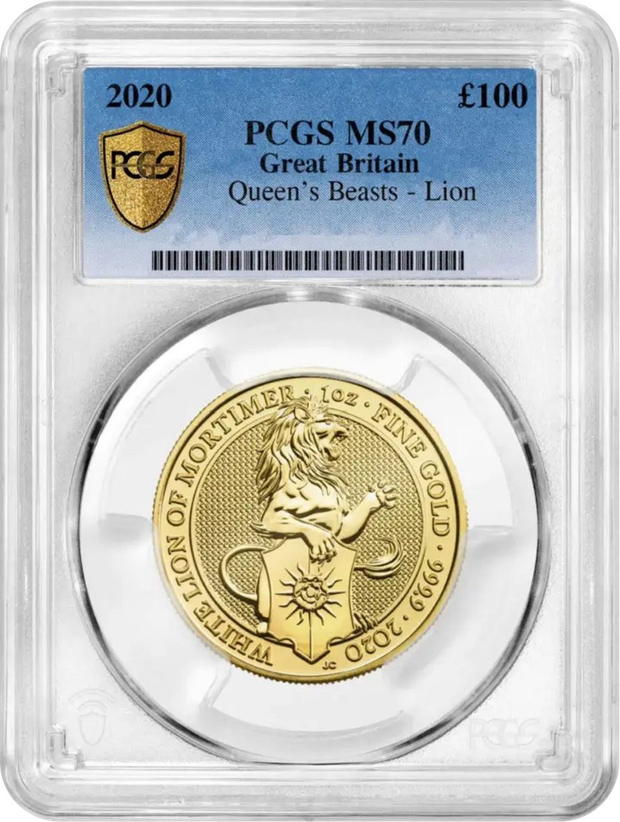 Gold coin depicting a lion from Queen's Beasts with inscriptions, encased in a protective plastic holder, graded PCGS MS by Great Britain.