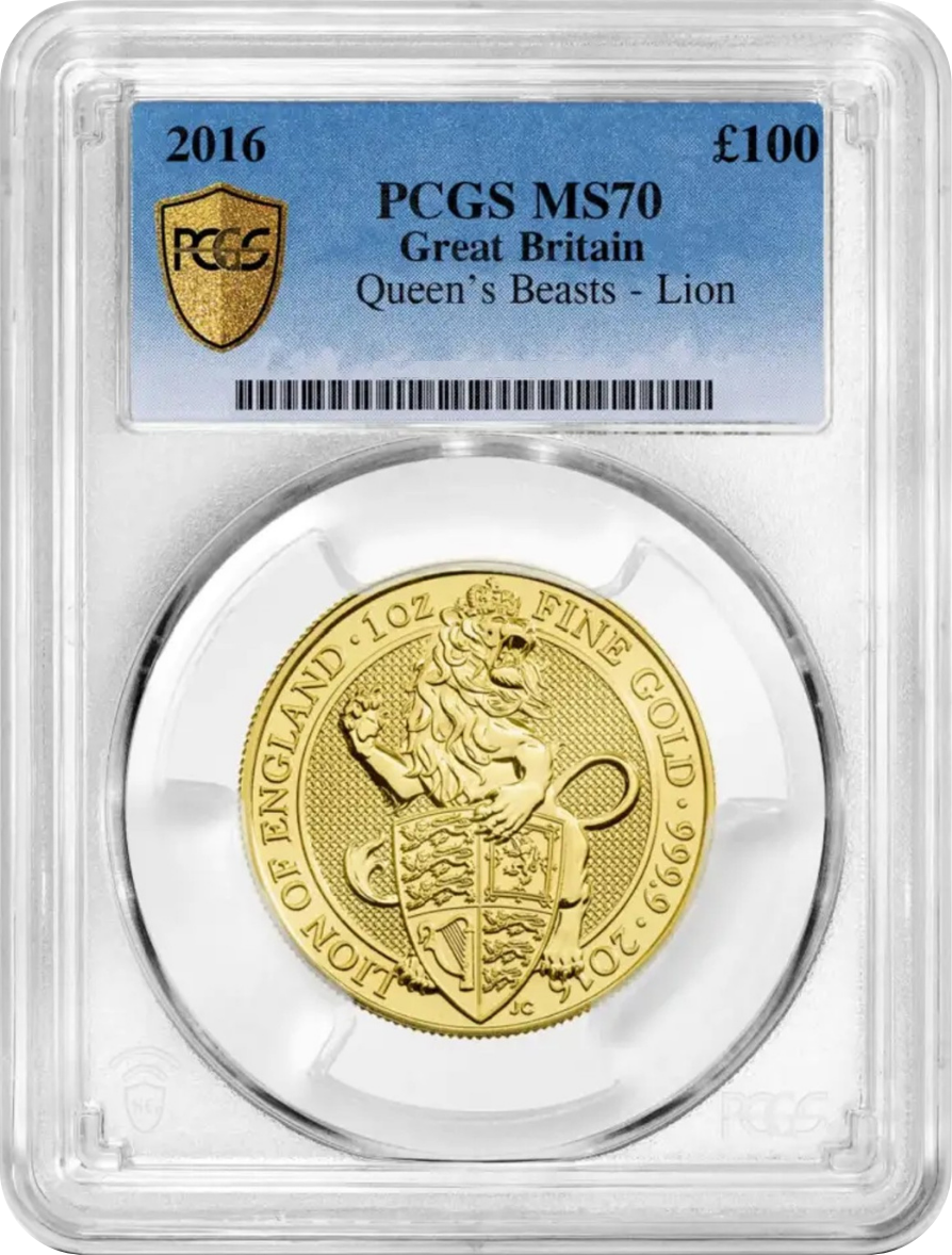 Gold coin featuring a lion and shield, encased in a plastic holder with a label indicating it is a 2016 Queen's Beasts lion coin graded MS by PCGS, from Great Britain, valued at £100.